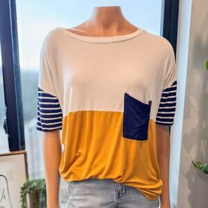 Wanna B, Striped Sleeve Color-Blocked/Spliced T-Shirt, Women's Size Medium